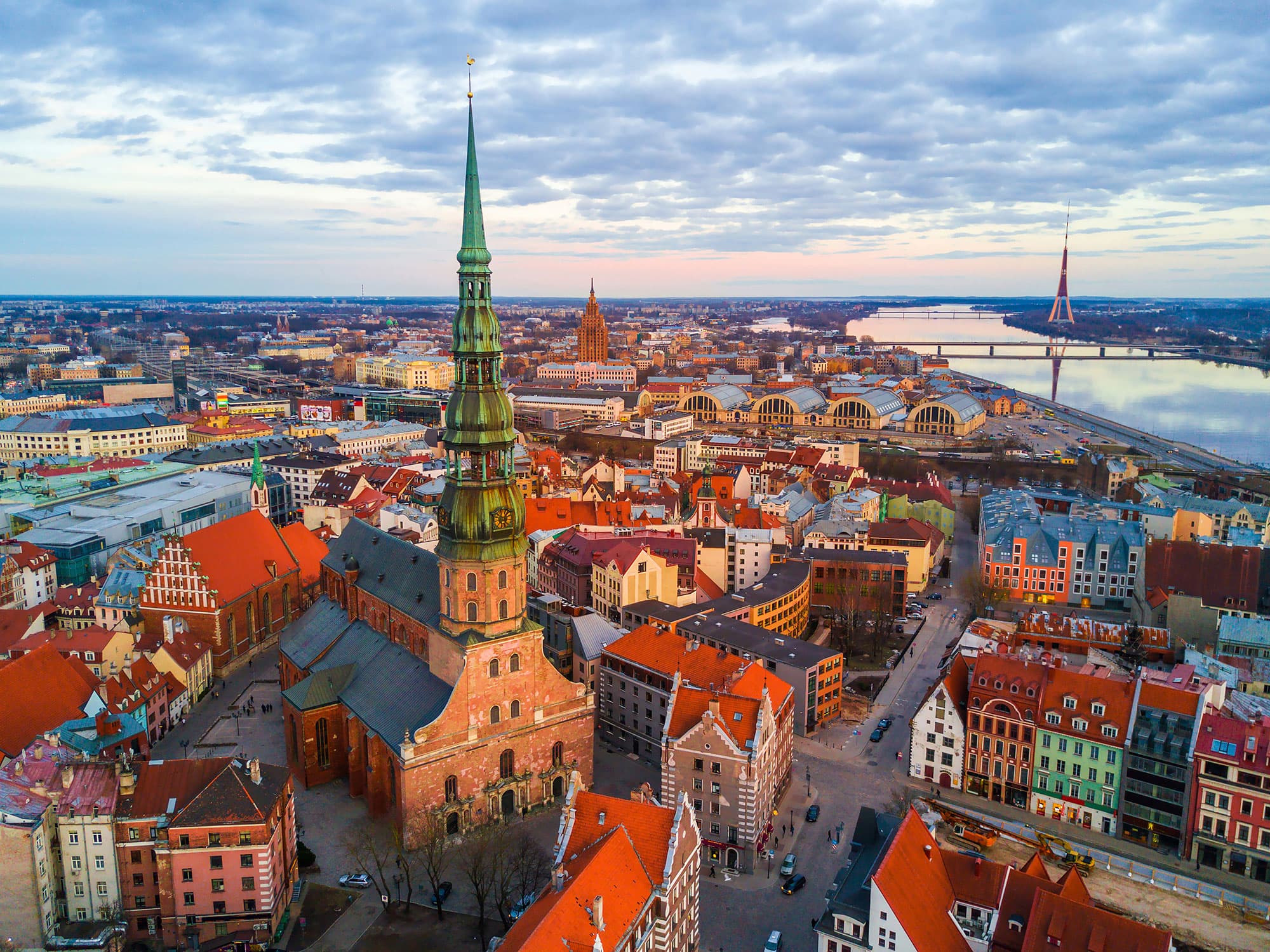 Old Town Riga rooftops at golden hour